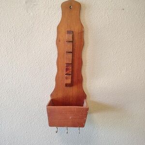 Vtg Wooden Mail Holder Sorter Letter Holder MCM Wall Mount W/ Brass Key Hooks